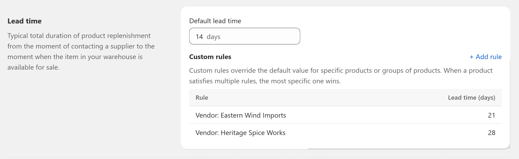 Lead time settings