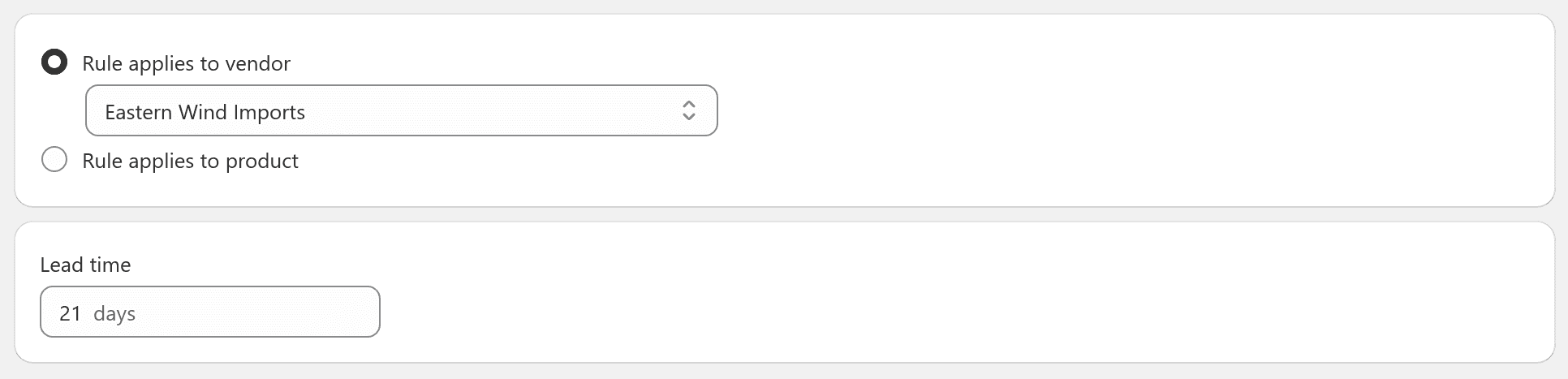 Lead time by vendor rule