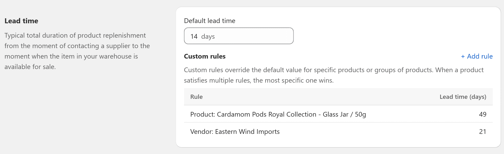 Lead time settings section